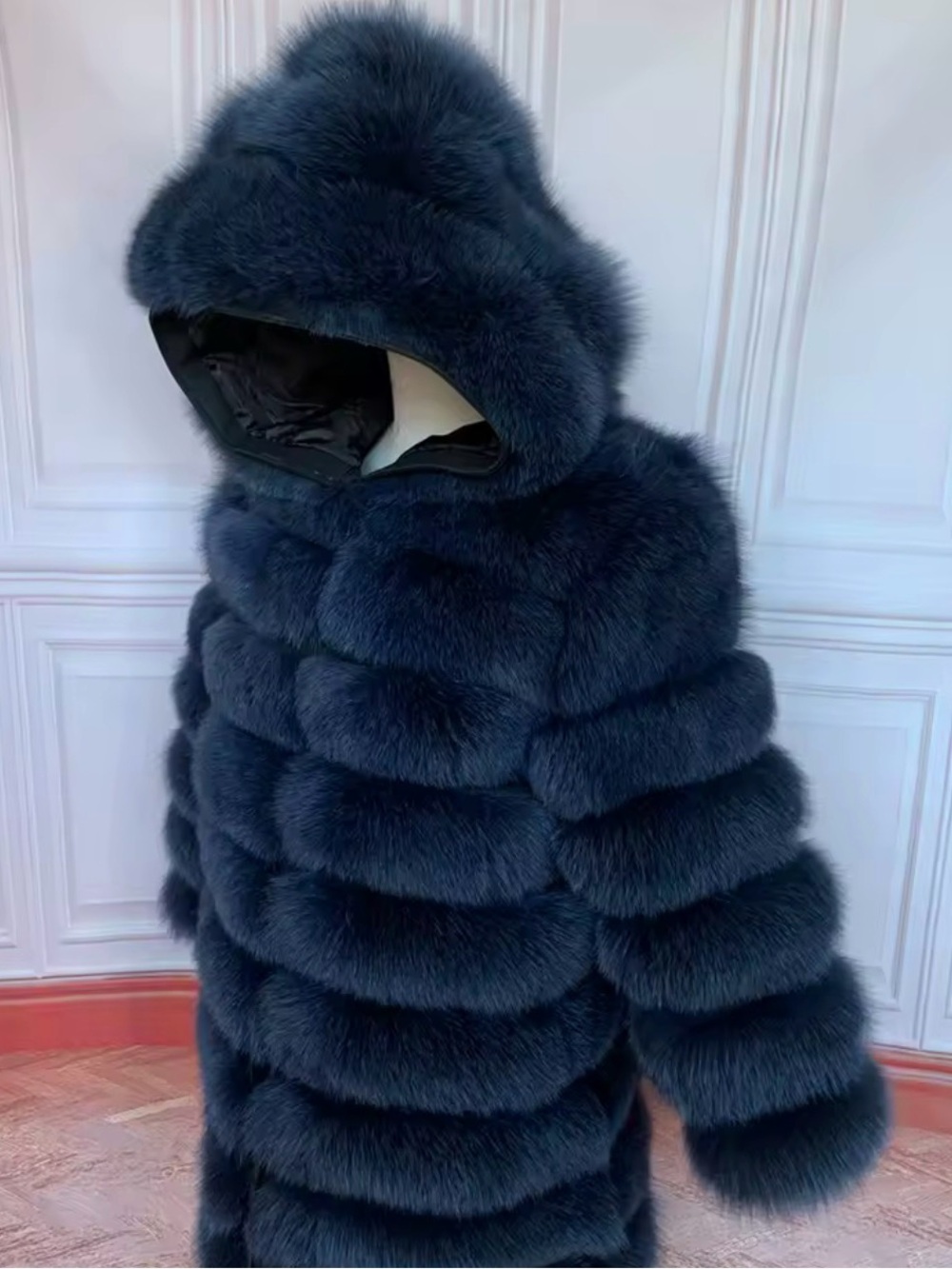 Hooded Luxe Real Fox Fur Coat in Black